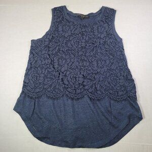 Generation Love Navy Blue Linen Blend Sleeveless Lace Overlay Top Size S